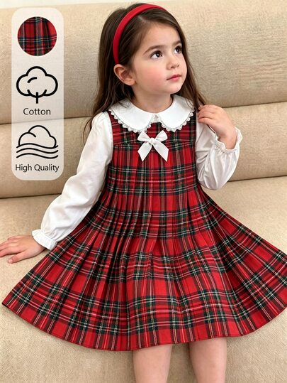 SHEIN Girls' Autumn/Winter College Style Dress, 1pc, White Lace Trim Peter Pan Collar, Long Puff Sleeves With Ruffle Cuffs, Red Plaid Fabric Patchwork, Soft And Comfortable, White Bow Decor On Chest, Pleated Straight Fit With Full Skirt, Cute And Sweet For Daily Wear, School, Holidays, Parties, Back To School Season