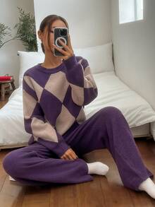 DAZY Women's Fashion Colorblock Long Sleeve Top And Pants Pajama Set - Purple - View 4