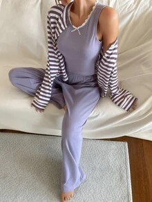 DAZY Women's Striped Long Sleeve Top, Bow Decor Tank Top And Pants Pajama Set - Purple - View 8