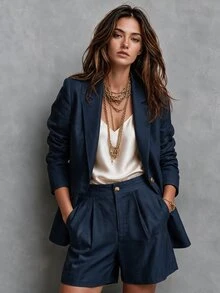 SHEIN Franclia Women's Solid Color Long Sleeve Jacket And Shorts Suit Set - Navy Blue - View 1