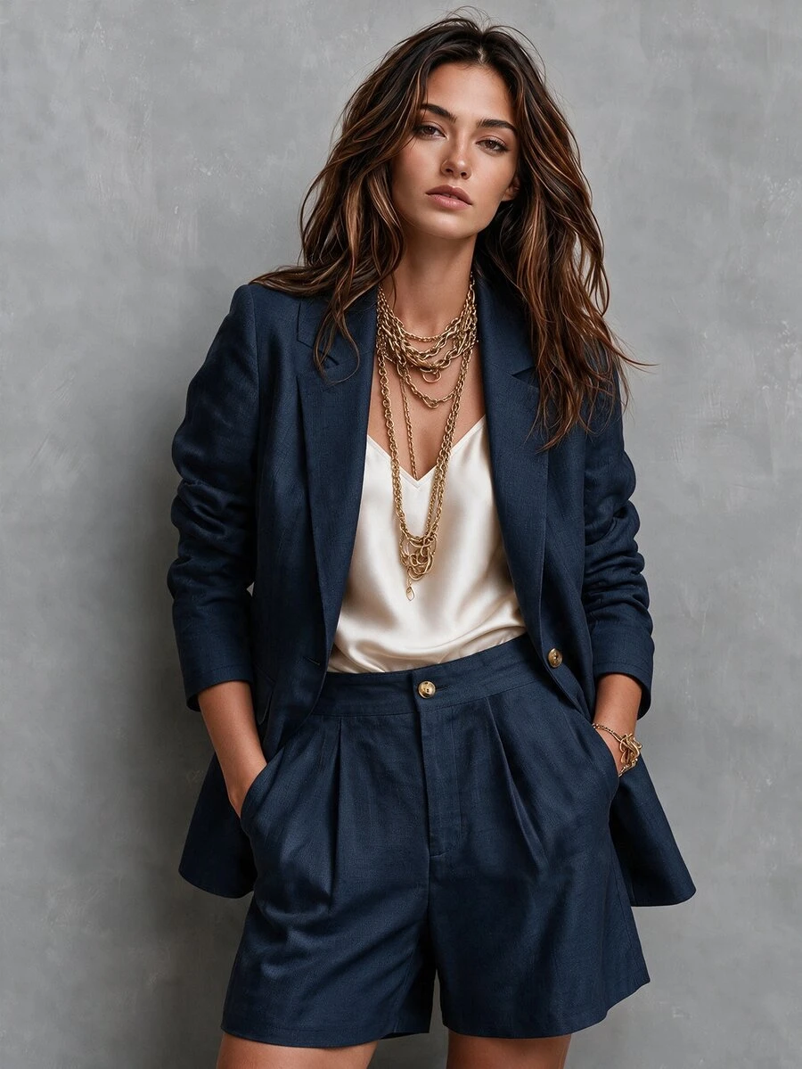 SHEIN Franclia Women's Solid Color Long Sleeve Jacket And Shorts Suit Set - Navy Blue - View 1