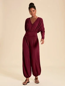 Travachic Women's Solid Color V-Neck Pleated Elegant Long Sleeve Jumpsuit - Red - View 3