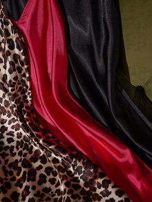 SilkySpell Women's Home Wear Dress 3-Piece Set Black Red Leopard Print Faux Silk Backless Nightgown - Multicolor - View 5