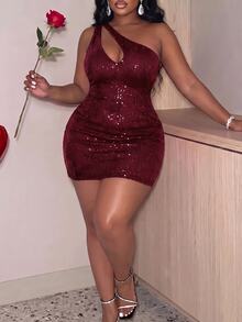 Slaydiva Gaun Tanpa Lengan Seksi Pas Badan dengan Desain Potongan Satu Bahu Berpayet Warna Polos untuk Wanita Ukuran Plus - Burgundy - View 6