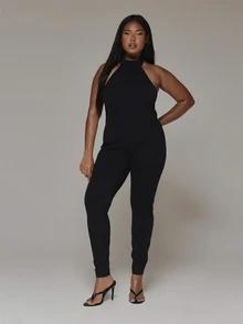 MUSERA Plus Size Black Highneck Bodycon Unitard Jumpsuit Spring Summer Casual Everyday Day Outfit Going Out - Black - View 1