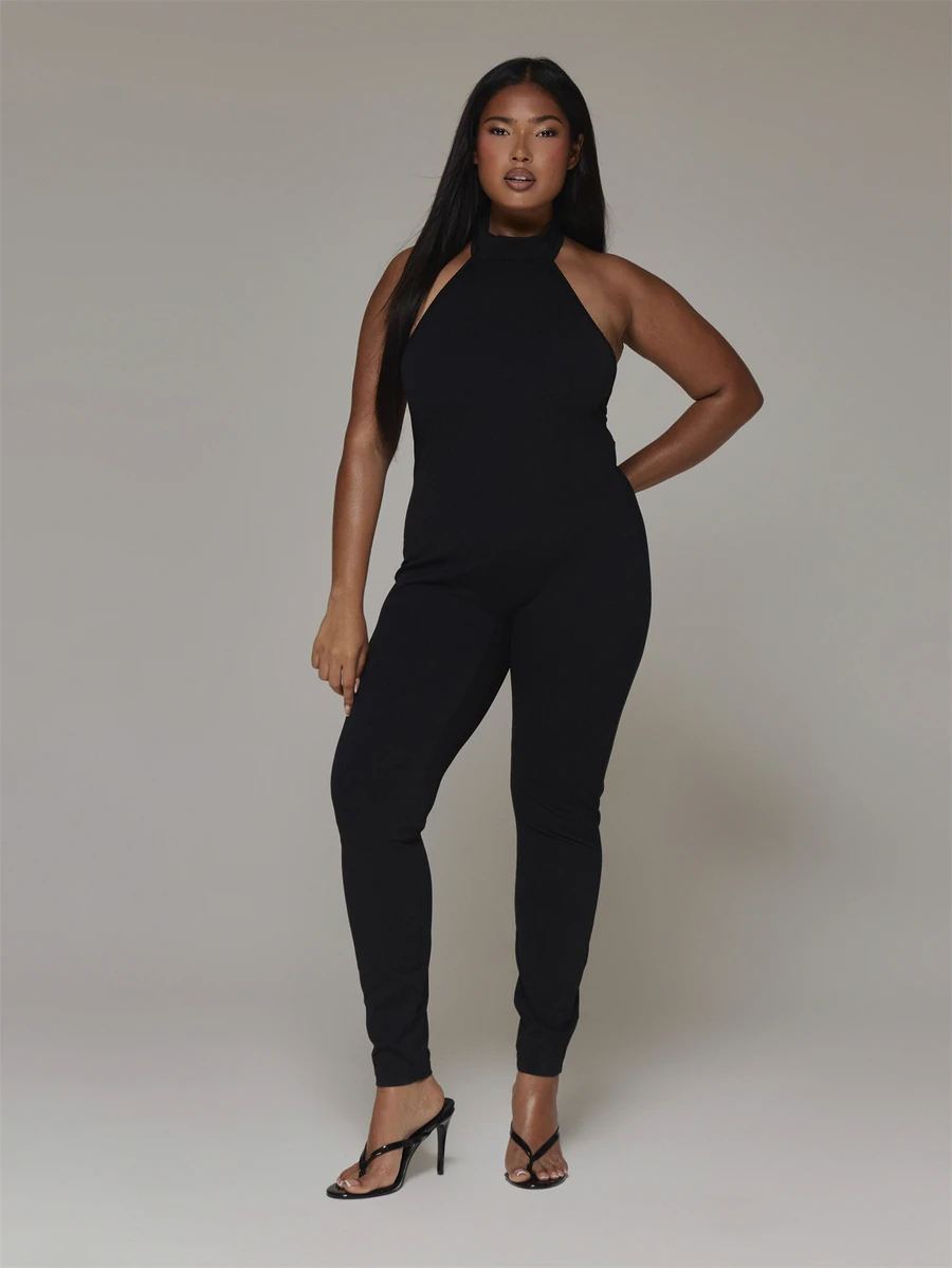 MUSERA Plus Size Black Highneck Bodycon Unitard Jumpsuit Spring Summer Casual Everyday Day Outfit Going Out - Black - View 1