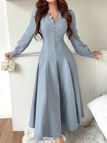 Feyla Women's Elegant Button Pleated Waist Dress Wedding Brunch Navy Blue Autumn - Blue - View 4