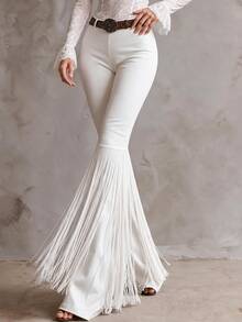 Solivie Women's Flare Leg Pants With Tassel Trim, Long Bell Bottom Trousers, Suitable For Daily Wear, Vintage Romantic Style - White - View 6