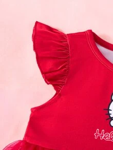HELLO KITTY AND FRIENDS | SHEIN Gaun Bayi Perempuan Warna Polos Lengan Flutter Kerah Bulat Motif Kartun dengan Kelim Mesh - Merah - View 6