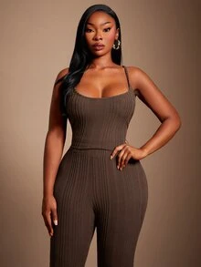 SHEIN SXY طقم 3 قطع للنساء مقاس كبير: توب بدون أكمام محبوك مضلع عالي المرونة، بنطال طويل، وجاكيت - شوكولاته بني - مشاهدة 7