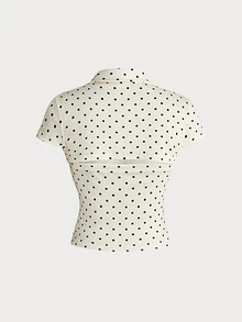 ROMWE Y2K Women's Collared Short Sleeve Hollow Chest Polka Dot Sexy Two Pieces Top - Apricot - View 2
