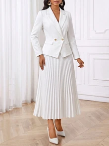 SHEIN Lady Women's Solid Color Lapel Neck Double-Breasted Long Sleeve Blazer Suit - White - View 4