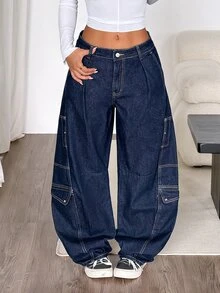 Muchica Celana Jeans Denim Wanita dengan Kantong Kargo, Potongan Lebar, dan Potongan Melengkung. - Biru - View 6