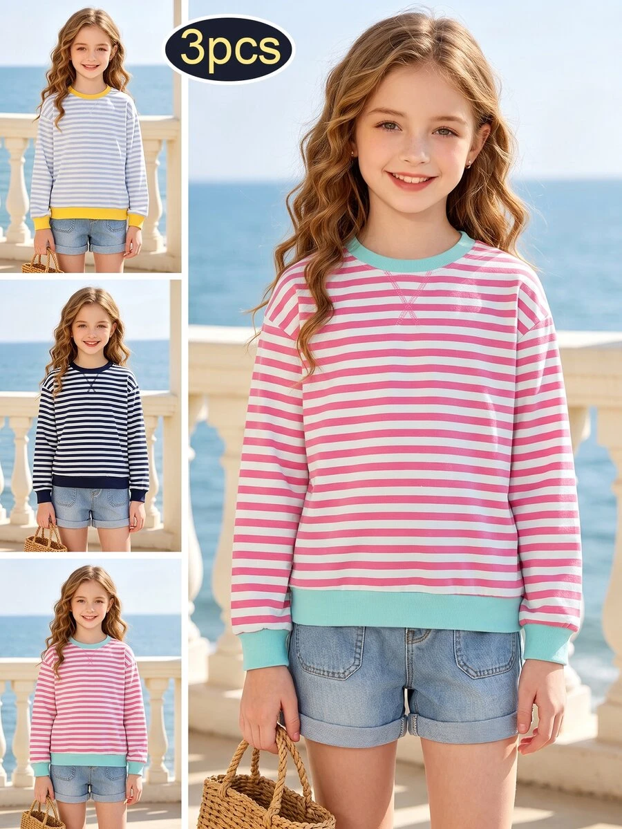 Girls' Casual Colorblock Ribbed Striped Drop Shoulder Crew Neck X Stitch Decor Pullover Sweatshirt 3 Pieces Set - Multicolor - View 1