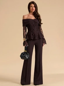 SHEIN BAE Women's Off-Shoulder Lace Bell Sleeve Top And Flared Pants Elegant Suit Set - Brown - View 1