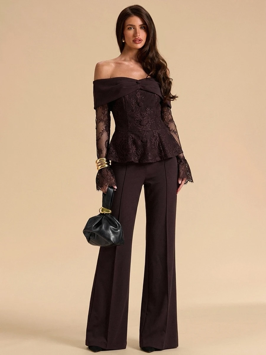 SHEIN BAE Women's Off-Shoulder Lace Bell Sleeve Top And Flared Pants Elegant Suit Set - Brown - View 1
