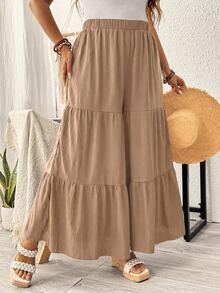 Ceyna Plus Size Women's Solid Color Casual Versatile Wide Leg Pants For Daily Wear - Khaki - View 4