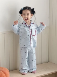 DAZY ملابس منزلية كاجوال بطراز كوري مع طباعة شاملة وياقة مطوية للرضع/الأطفال الصغار (البنات) - الأزرق - مشاهدة 7