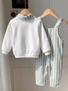 SHEIN 男嬰 2件/套 杏色加厚保暖內裡針織衛衣上衣與綠色燈芯絨格紋吊帶連身褲套裝，舒適百搭時尚日常可愛簡約百搭風格，適合秋冬室內、戶外滑雪、日常、運動、玩耍、派對、拍照 - 彩色 - 查看 2