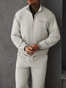 Manfinity Homme طقم رياضي بأسلوب الشارع الأمريكي، جاكيت بياقة واقفة برباط وسروال كاجوال واسع الساق ثقيل الوزن، مناسب لهدايا عيد الهالوين والكريسماس ورأس السنة - رمادي - مشاهدة 5