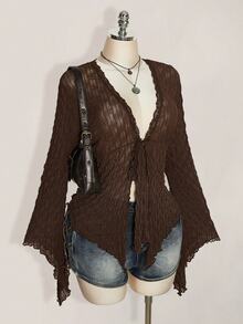 SHEIN ICON Women Plus Size V-Neck Lace Trim Casual Daily Wear Blouse - Brown - View 4