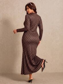Elaquor Plus Size V-Neck Long Sleeve Polka Dot Mermaid Dress Fall - Coffee Brown - View 2