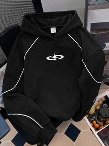 SHEIN 青少年女孩拼色連帽休閒Y2K日常長袖冬季衛衣 生日告別黑色秋季款 - 黑色 - 查看 3