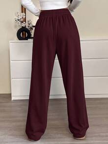 CovetEZ Plus Size Women Solid Color Drawstring Waist Casual Versatile Daily Wear Sweatpants - Burgundy - View 2