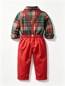 SHEIN 4-7 Years Old Boys Christmas Suspenders Set Plaid & Striped Pattern, Suitable For Birthday Party - Red - View 3