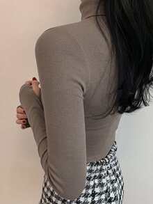 DAZY 女款純色高領長袖修身內搭T恤 - 灰色 - 查看 3