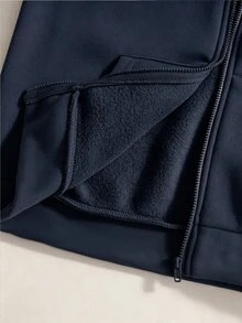 SHEIN 秋冬女款連帽拉鍊外套－街頭風休閒基本款，保暖針織面料，微寬鬆版型，校園街頭風，度假海軍藍 - 藏蓝色 - 查看 4