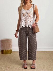 SHEIN PETITE 女款時尚提花鈕扣口袋牛仔短褲 - 咖啡棕 - 查看 8