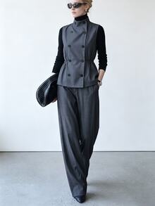 Lumivelle Old Money Style Stand Collar Double-Breasted Waist-Cinching Vest & Wide-Leg Pants 2 Pieces Set For Women, Elegant Outfit - Dark Grey - View 1