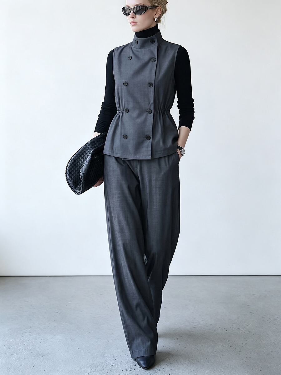 Lumivelle Old Money Style Stand Collar Double-Breasted Waist-Cinching Vest & Wide-Leg Pants 2 Pieces Set For Women, Elegant Outfit - Dark Grey - View 1