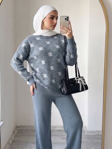 Solavon Women's Letter Print Long Sleeve Top And Pants Casual Daily Knit 2 Pieces Set - Blue - View 3
