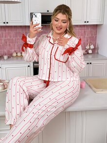 Slumberry CURVE Sweet & Cute Striped Heart Print Petal Sleeve Ruched Button-Front Plus Size Pajama Set, Wearable As Loungewear - Multicolor - View 5