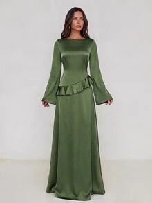 Aloruh 女款優雅露肩喇叭袖荷葉邊收腰後背A字米色洋裝 - 軍綠色 - 查看 3