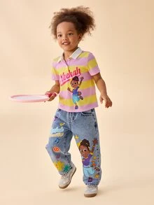 Blippi X SHEIN Young Girl Striped Letter Print Short Sleeve Polo Collar T-Shirt - Multicolor - View 5
