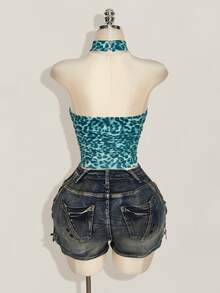 SHEIN ICON Women's Leopard Print Slim Fit Versatile Daily Wear Halter Neck Top - Blue - View 11