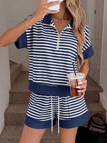 SHEIN LUNE 女款休閒端莊沿海風夏季度假通勤沙灘穿搭 藍白條紋短袖上衣與短褲 2件套 - 藏蓝色 - 查看 5