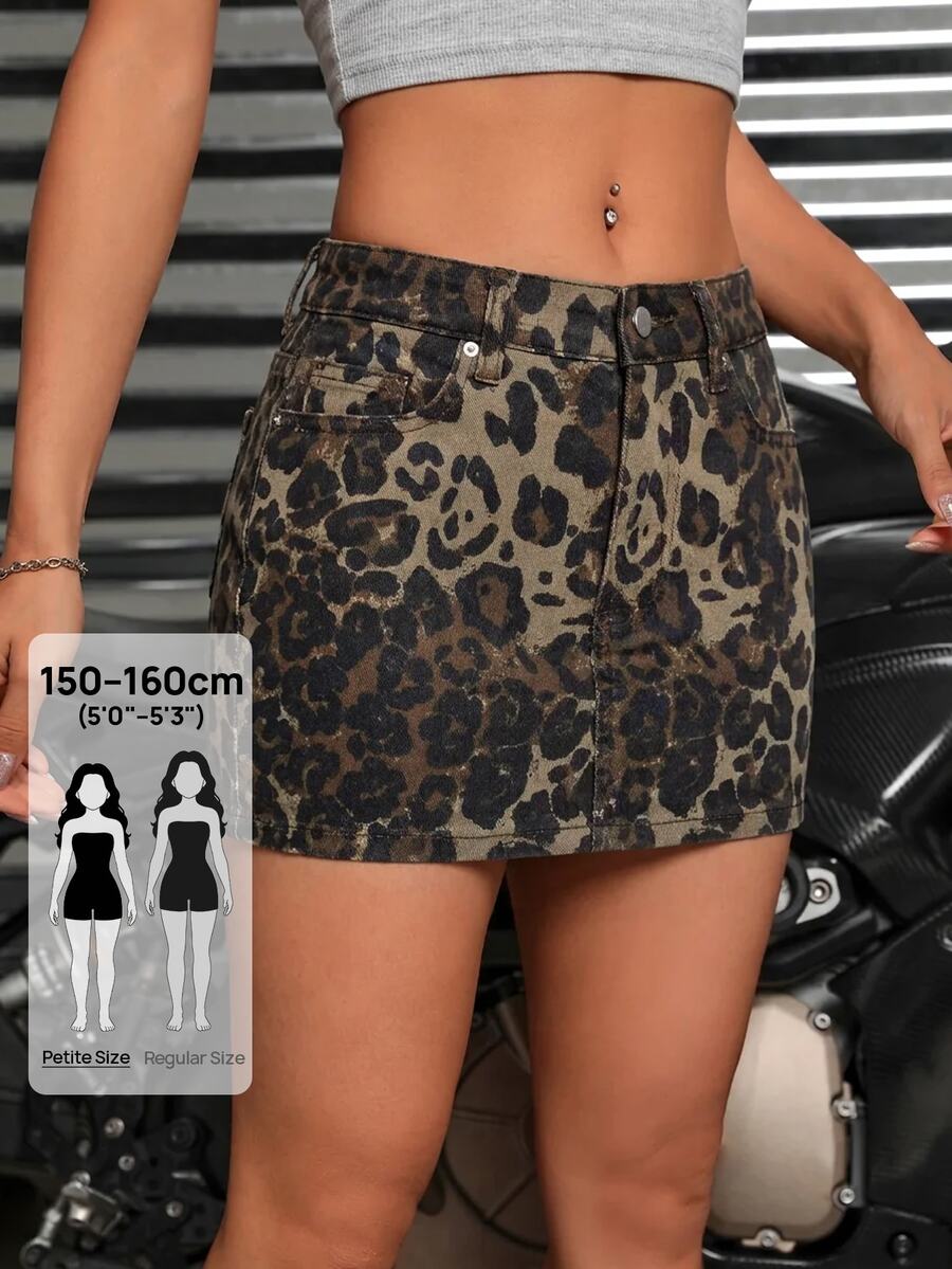 SHEIN PETITE 女款豹紋休閒日常牛仔迷你裙 - 彩色 - 查看 1