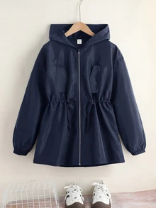 SHEIN 青少年女孩寬鬆休閒連帽極簡純色收腰長袖百搭風衣 - 藍色 - 查看 7