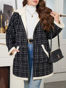 SHEIN Clasi 大尺碼女款格紋圖案簡約百搭拉鍊保暖內裡連帽夾克 - 黑色 - 查看 5