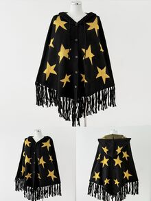 Sunspun Plus Size Fashion Star Pattern Button Front Cardigan Shawl - Black - View 7