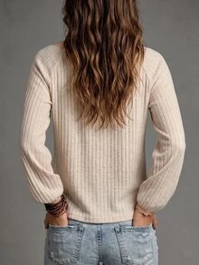 Glimmora New Women's Fashion Casual Versatile Raglan Sleeve Ribbed Lace Patchwork Long Lantern Sleeve T-Shirt - Multicolor - View 2