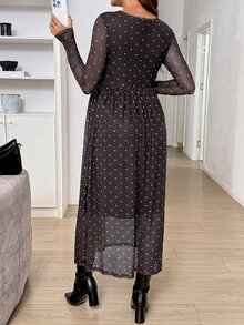 SHEIN 波點印花長袖圓領高腰休閒孕婦洋裝 秋季 - 咖啡棕 - 查看 7