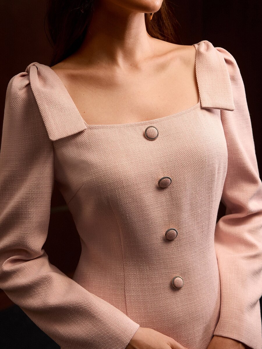 MOTF PREMIUM SQUARE NECK BOW BUTTON DETAIL DRESS - Baby Pink - View 2