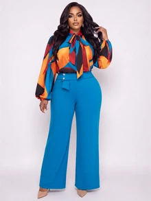 Poshavie Poshavie Setelan 2 Potong untuk Wanita dengan Blus Motif Blok Warna dan Celana Panjang Lebar - Biru - View 5