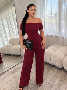 SHEIN SXY 女款純色優雅性感露肩連身褲 街頭風 派對晚餐穿搭 酒紅色 夏季 - 酒紅色 - 查看 5