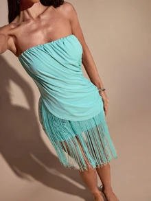 SHEIN BAE Women's Elegant Sexy Ruched Tassel Hem Bandeau Dress For Party And Outing - Mint Green - View 7